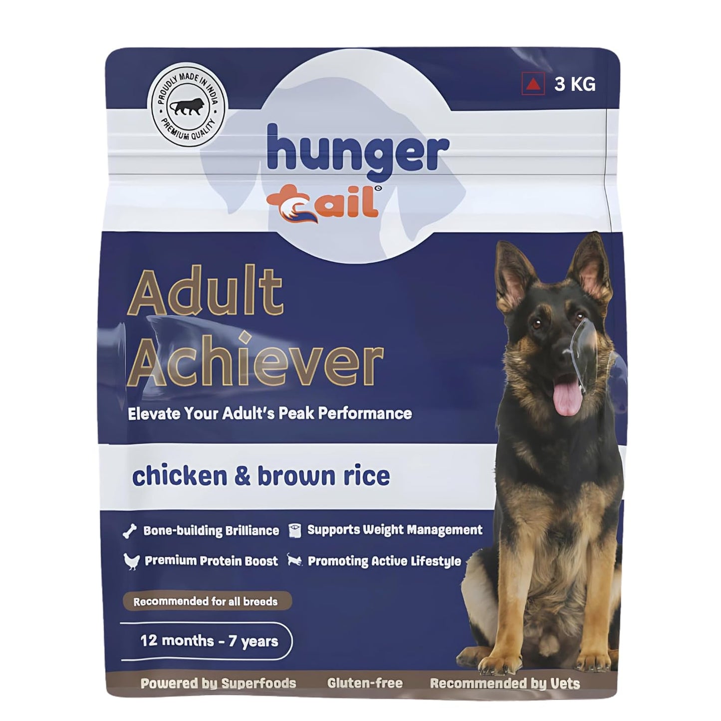 Hunger Tails Adult Achiever Chicken & Brown Rice 1 Year & Above Dry Dog Food Zero Fillers, Non GMO, Low Temperature Baked Made in India & for Indian Conditions Freshly Sourced Proteins