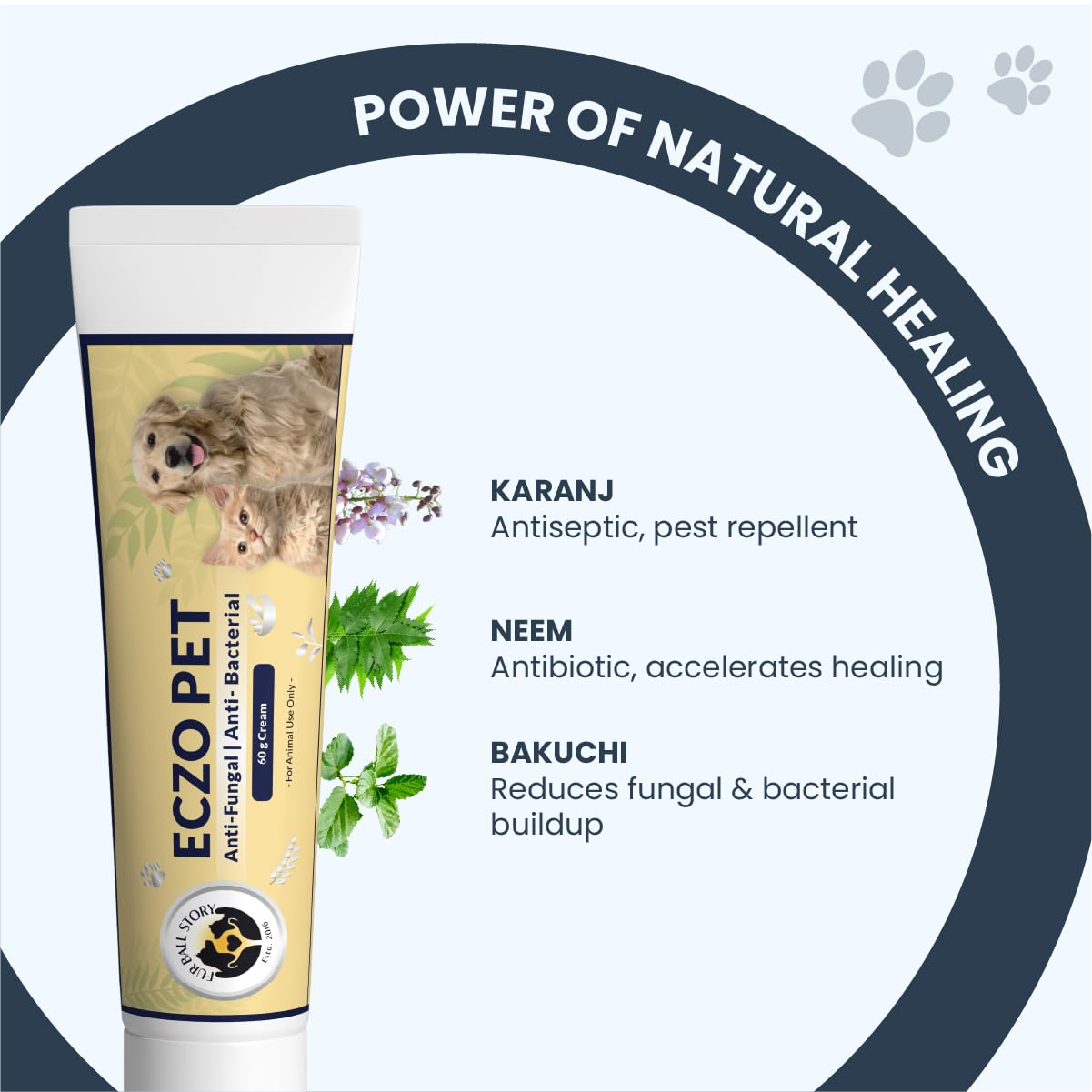 FUR BALL STORY Eczo Pet Ayurvedic Cream for Dogs & Cats | Herbal Ointment with Neem & Bakuchi | Treats Fungal & Bacterial Infections, Itching, Ringworm, Eczema
