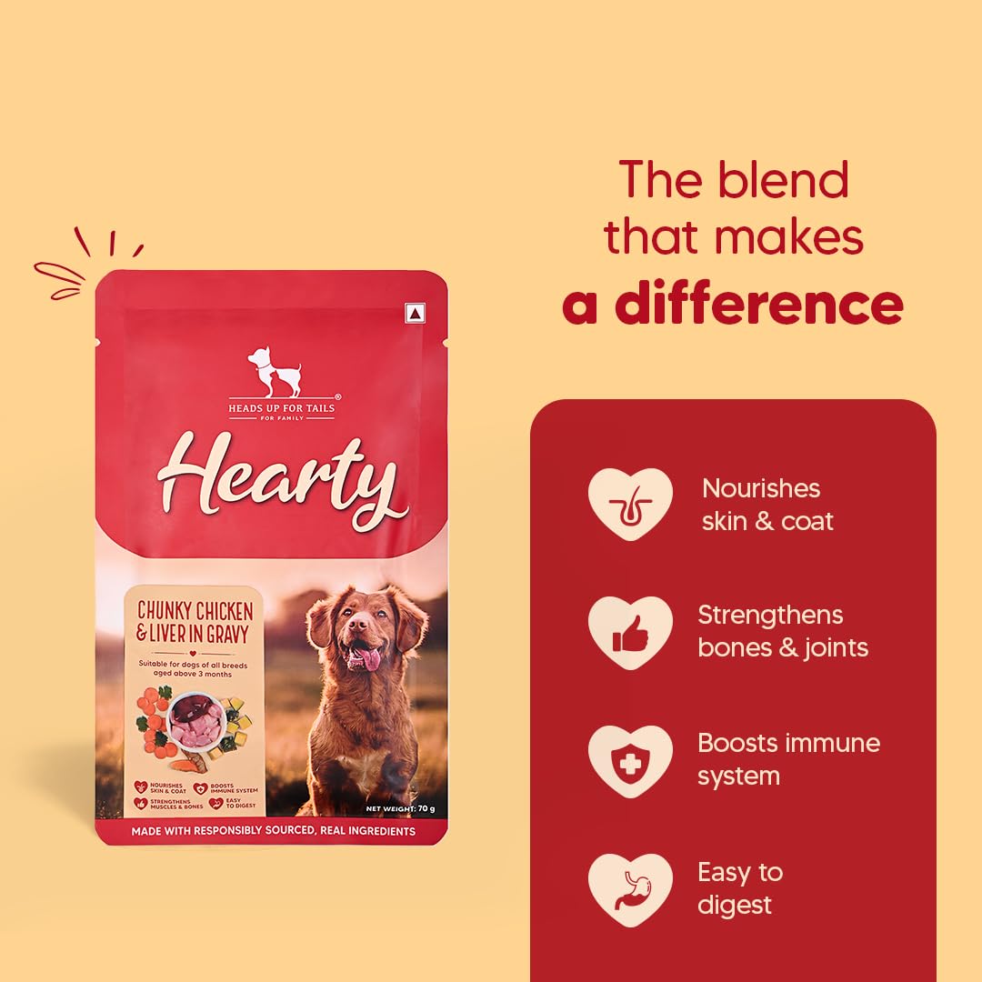 Hearty by Heads Up For Tails - Chunky Chicken & Liver in Gravy Dog Wet Food | Grain-Free, Protein-Rich & Easy to Digest | Made with Real Lamb | Wet Dog Food Suitable for All Breeds