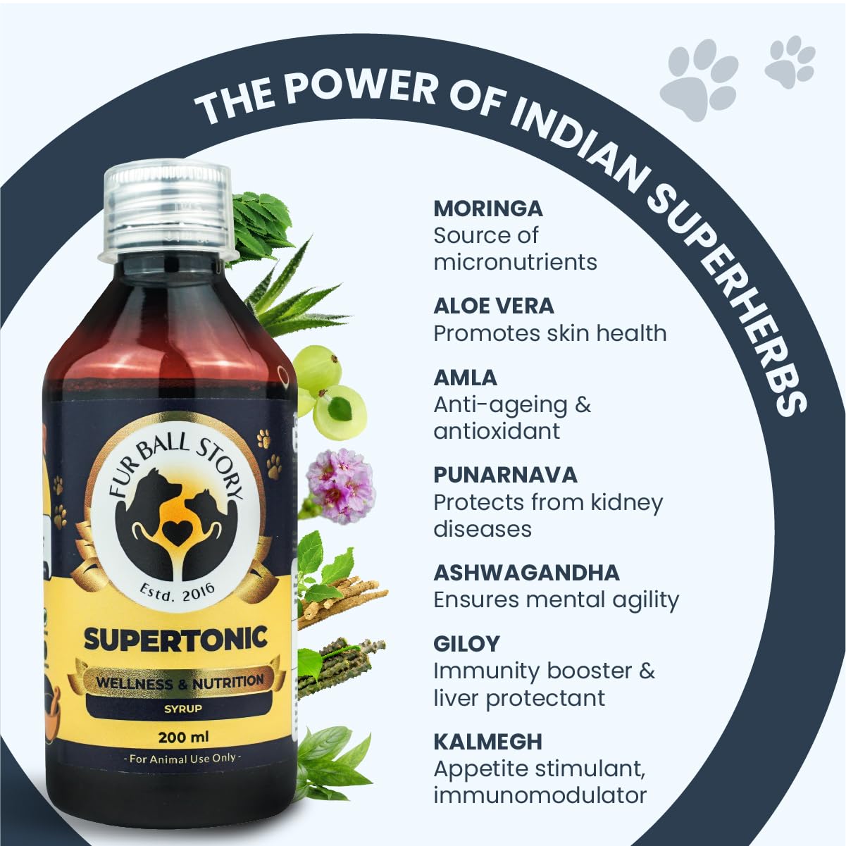 FUR BALL STORY Supertonic Pet Supplement 200ml | Ayurvedic Tonic for Dogs & Cats | Head to Tail Wellness | Boosts Immunity, Supports Kidney, Liver, Gut, Brain & Organ Functions | Vet Recommended
