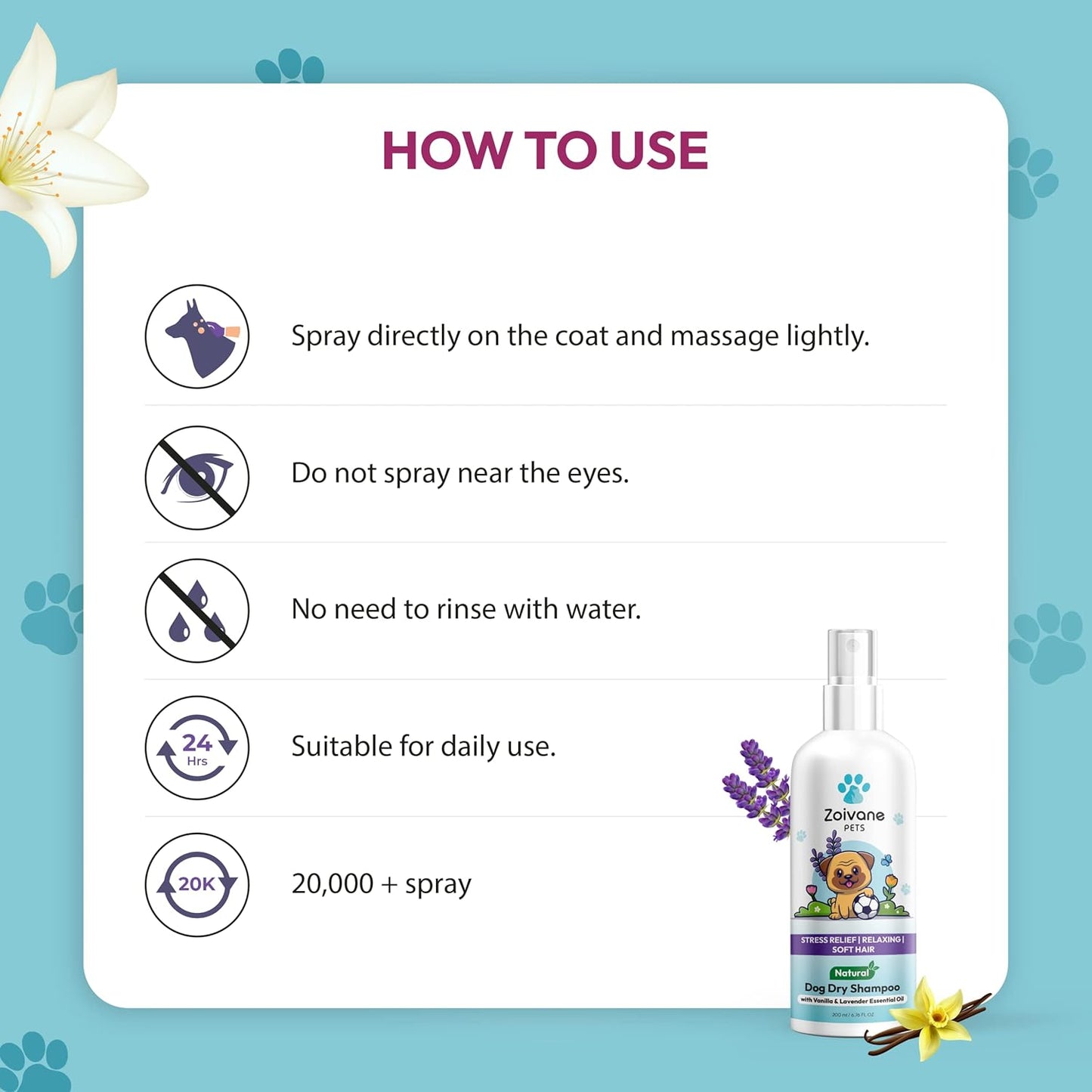 ZOIVANE Dog Dry Shampoo - 200ml | Dog-Vanilla and Lavender Dog Shampoo for Labrador, German Shepherd, Golden Retriever | Maintains Overall Skin Health, Nourishing Hair and Shiny Body