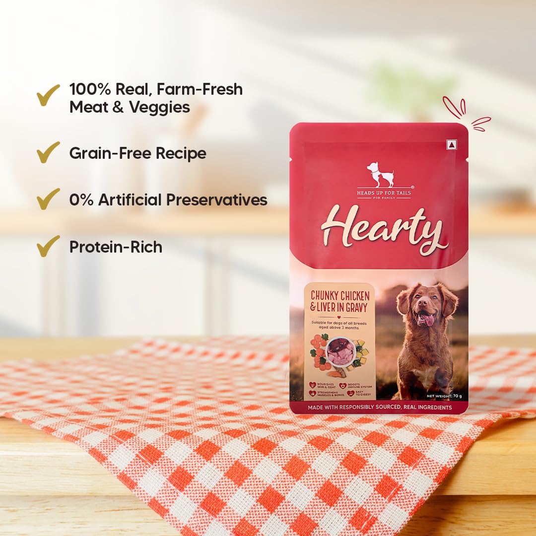 Hearty by Heads Up For Tails - Chunky Chicken & Liver in Gravy Dog Wet Food | Grain-Free, Protein-Rich & Easy to Digest | Made with Real Lamb | Wet Dog Food Suitable for All Breeds