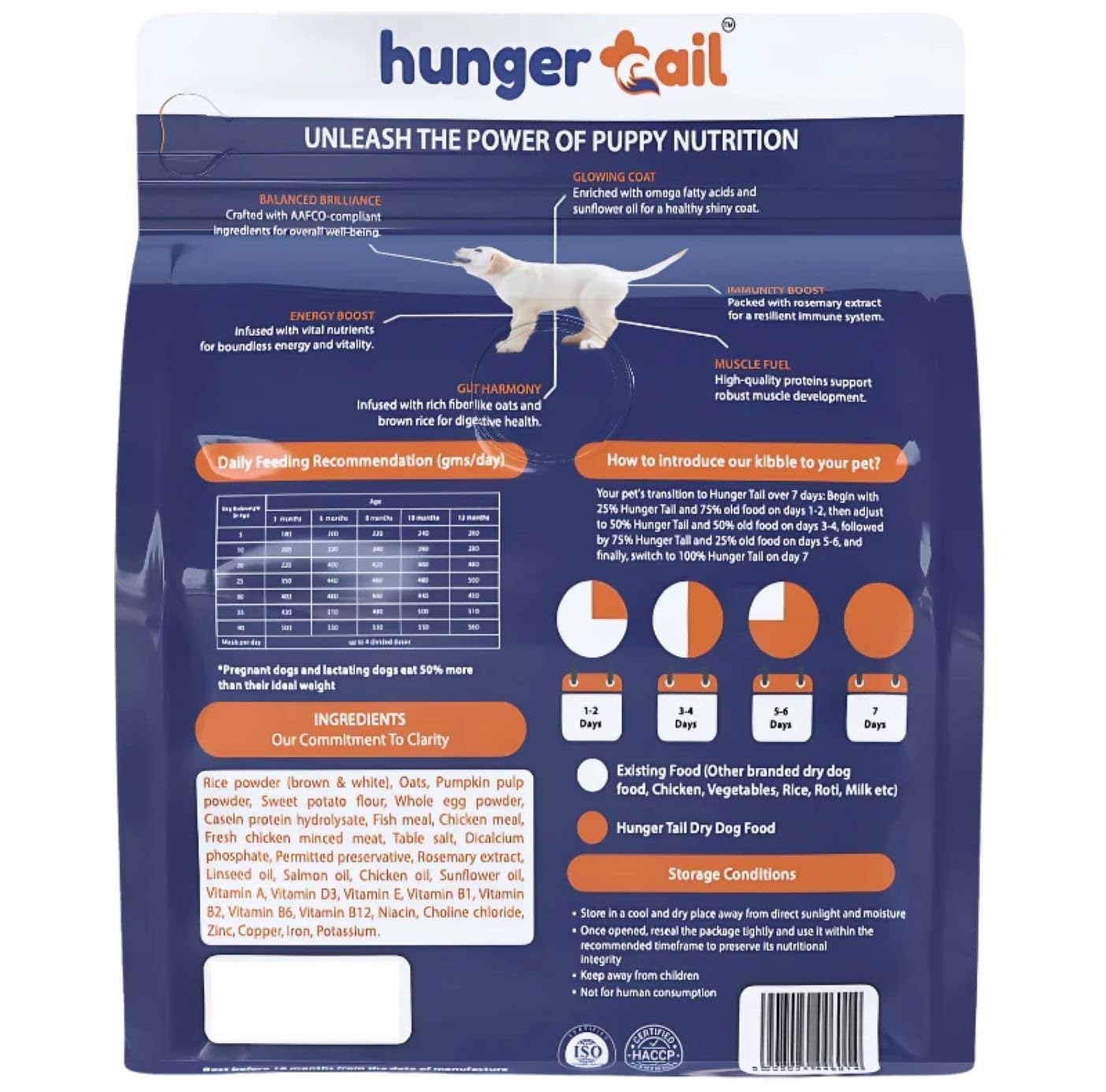 Hunger Tails Puppy Power Dry Dog Food, Chicken & Oats, Up to 12 Months, Low Temperature Baked, Made in India