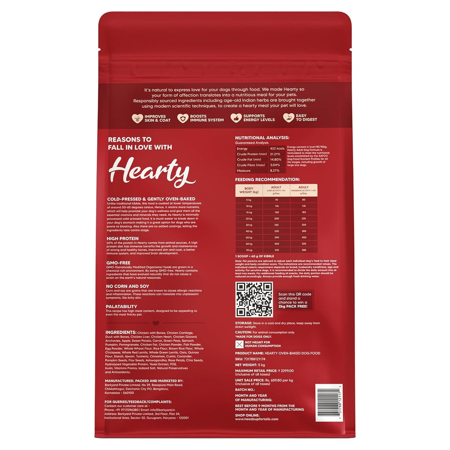 Hearty by HUFT Adult Dry Dog Food | Oven-Baked Chicken & Duck with Brown Rice All Breeds | Complete & Balanced Food for Adult Dogs | No Corn, Soy, GMO or Added Flavours