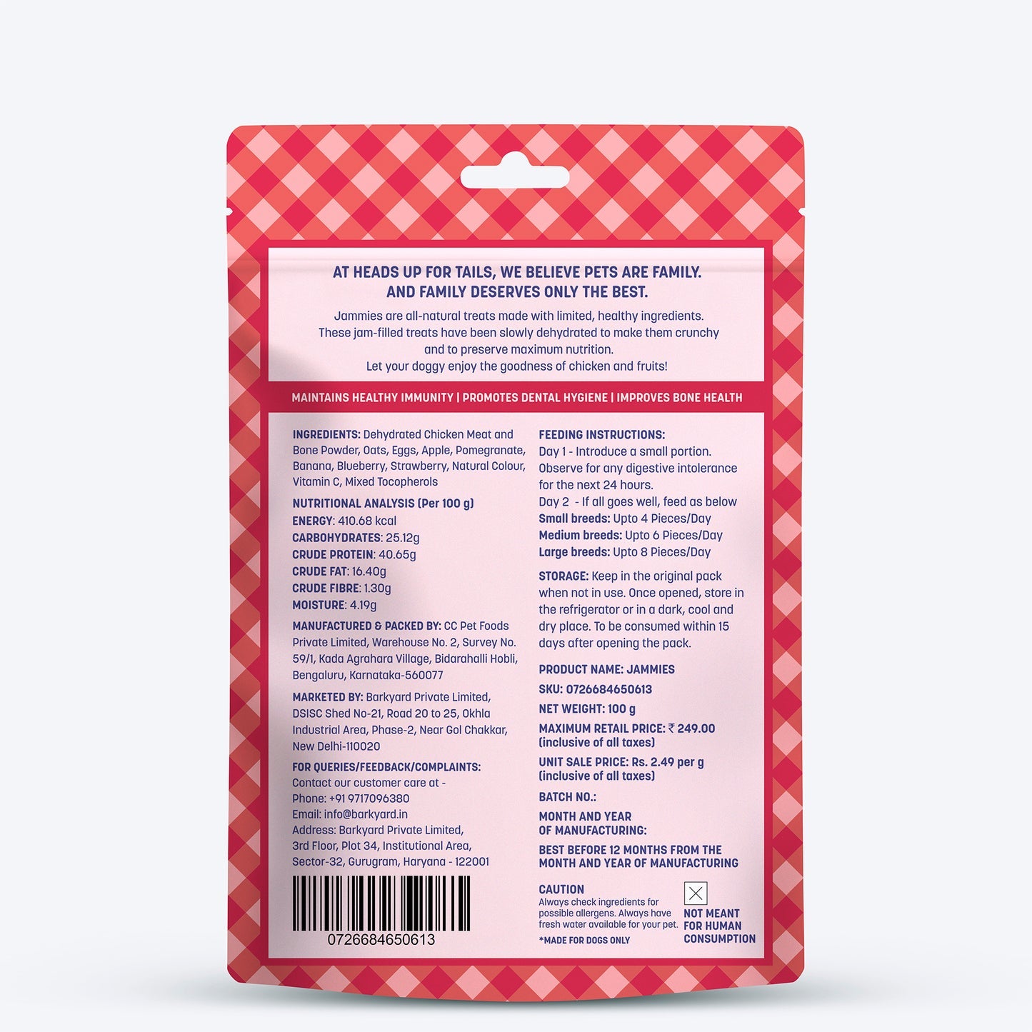 Heads Up For Tails Jammies - Chicken Filled With Mixed Fruit Jam Dog Treats - 100 g