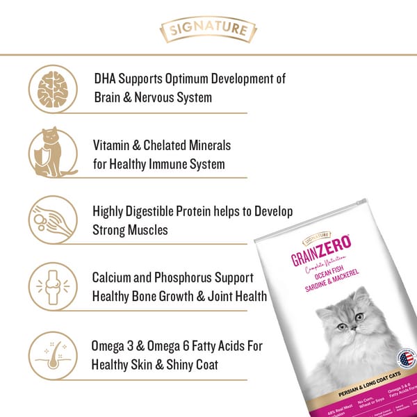 Signature Grain Zero Ocean Fish, Sardine and Mackerel Long Coat & Persian Adult Cat Dry Food