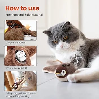 Cat Toys, Rechargeable Chirping Flapping Bird(no Flying) with Catnip for Indoor Cats, Touch Activated, Plush Kitten Exercise Toys (Brown Sparrow)