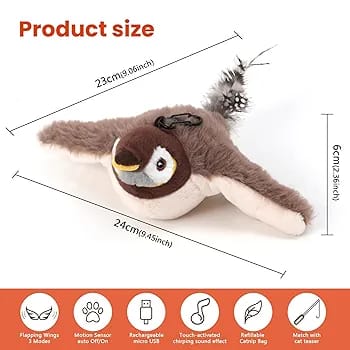 Cat Toys, Rechargeable Chirping Flapping Bird(no Flying) with Catnip for Indoor Cats, Touch Activated, Plush Kitten Exercise Toys (Brown Sparrow)