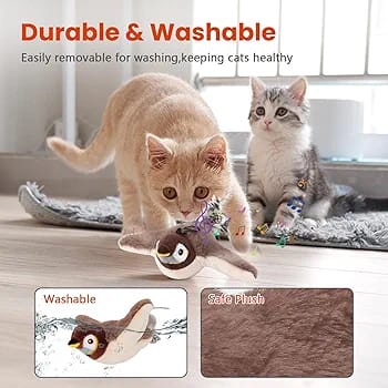 Cat Toys, Rechargeable Chirping Flapping Bird(no Flying) with Catnip for Indoor Cats, Touch Activated, Plush Kitten Exercise Toys (Brown Sparrow)