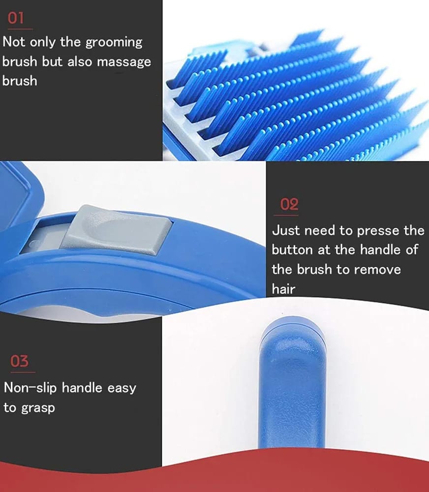 Grooming Slicker - (Blue Slicker) | Dogs, Cats, Rabbit & Goat | Long & Short Hair | Shedding Massage Brush | Rectangle Head & Curved Handle Self-Cleaning Pet Comb