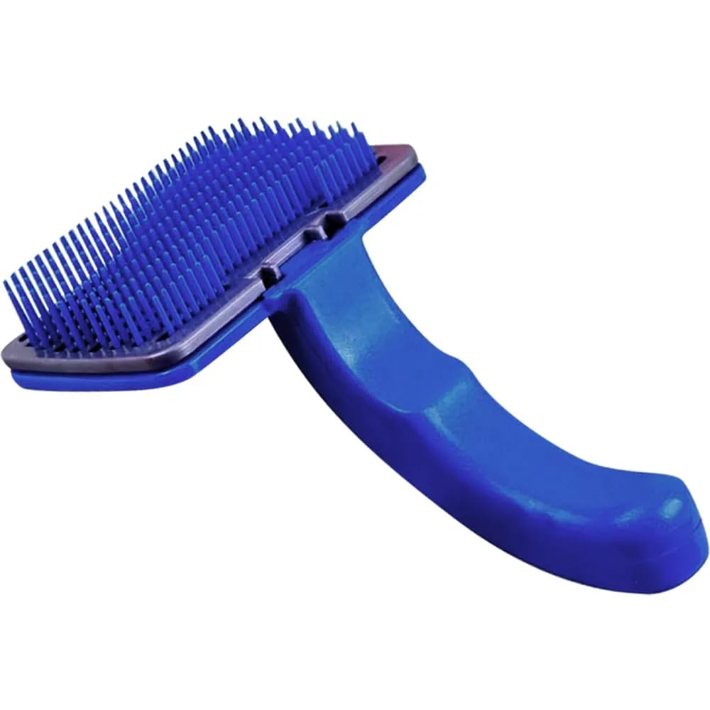 Grooming Slicker - (Blue Slicker) | Dogs, Cats, Rabbit & Goat | Long & Short Hair | Shedding Massage Brush | Rectangle Head & Curved Handle Self-Cleaning Pet Comb