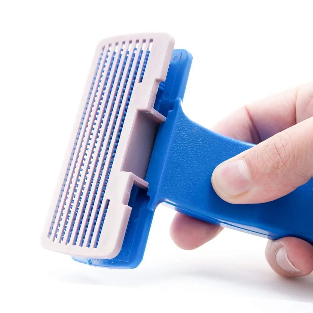 Grooming Slicker - (Blue Slicker) | Dogs, Cats, Rabbit & Goat | Long & Short Hair | Shedding Massage Brush | Rectangle Head & Curved Handle Self-Cleaning Pet Comb