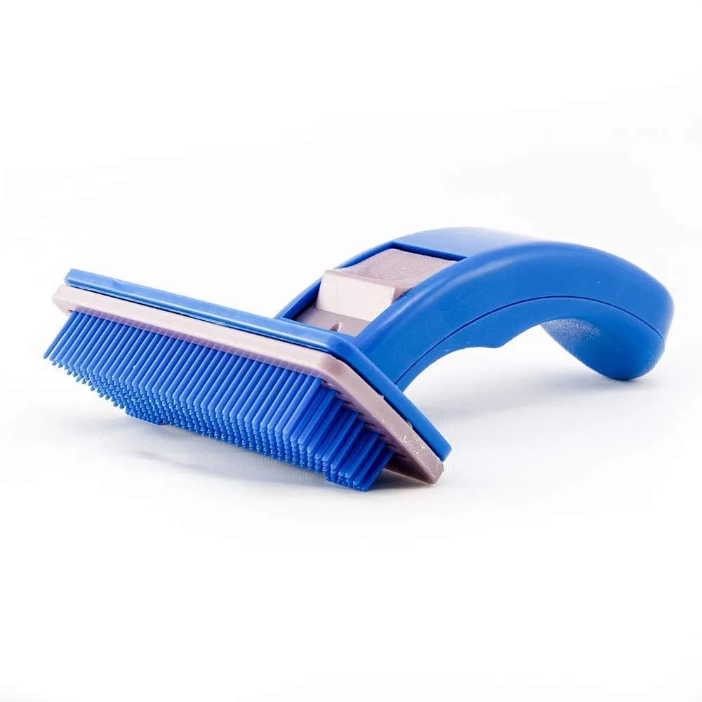 Grooming Slicker - (Blue Slicker) | Dogs, Cats, Rabbit & Goat | Long & Short Hair | Shedding Massage Brush | Rectangle Head & Curved Handle Self-Cleaning Pet Comb