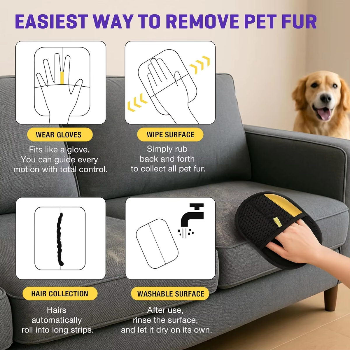 Pet Hair Removal Tool, Electrostatic Pet Hair Remover,Static Removal Gloves for Pet Hair, Dog and Cat Hair Remover Electrostatic Gloves Set for Couch, Clothes, Car, Carpet, Bed, Furniture