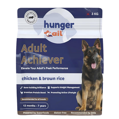 Hunger Tails Adult Achiever Chicken & Brown Rice 1 Year & Above Dry Dog Food Zero Fillers, Non GMO, Low Temperature Baked Made in India & for Indian Conditions Freshly Sourced Proteins