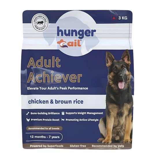Hunger Tails Adult Achiever Chicken & Brown Rice 1 Year & Above Dry Dog Food Zero Fillers, Non GMO, Low Temperature Baked Made in India & for Indian Conditions Freshly Sourced Proteins