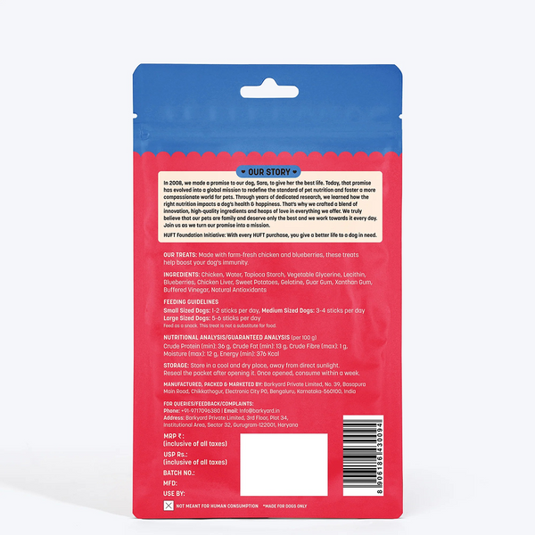 HUFT Yum Nums Blueberry with Real Chicken Soft & Chewy Sticks Dog Treats