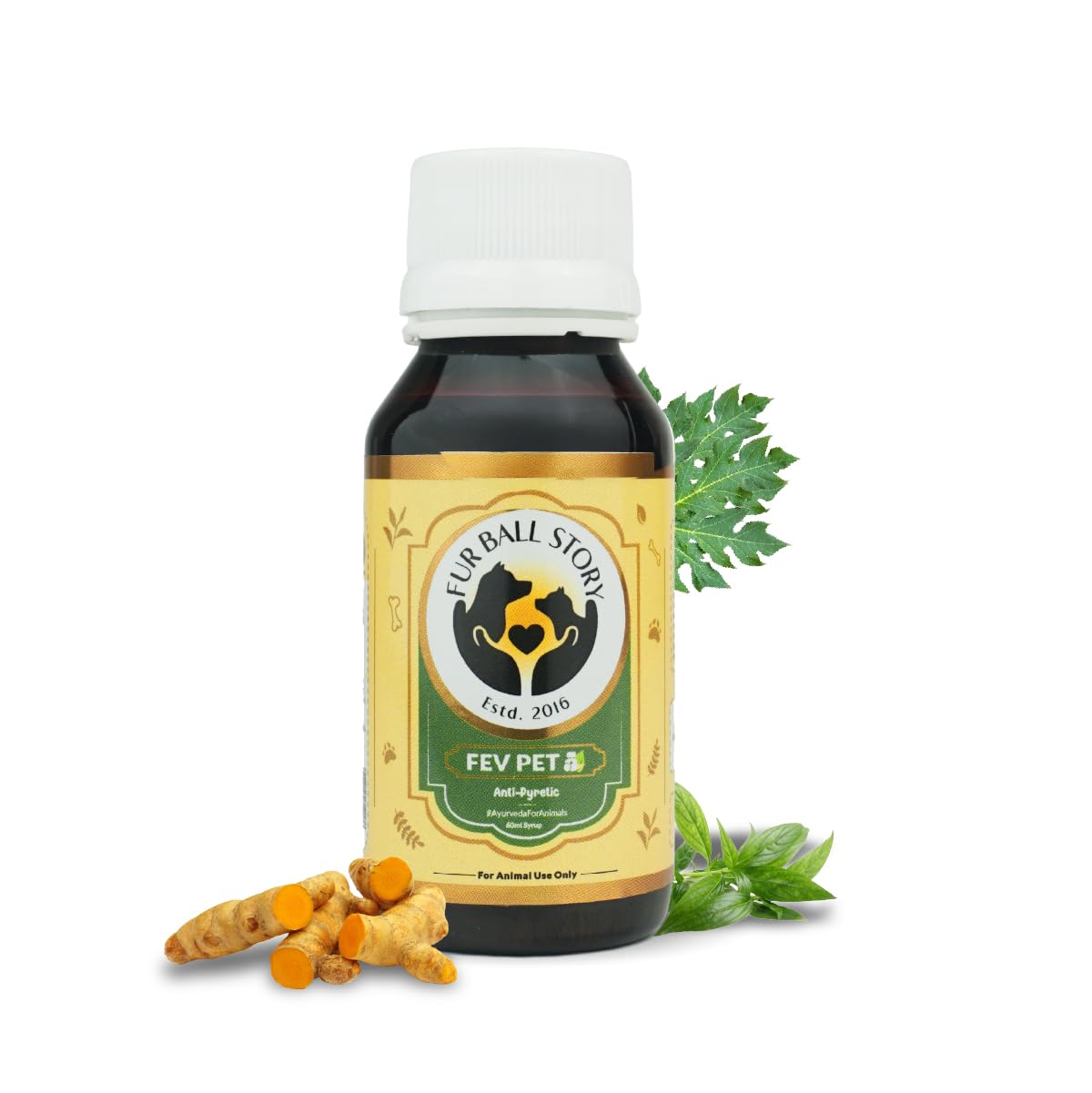 FUR BALL STORY Fev Pet 60ml | Ayurvedic Fever Relief Syrup for Dogs & Cats| Reduces Fever, Cough, Cold, Body Pain | Controls Viral Infections | Immunity Booster