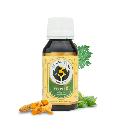 FUR BALL STORY Fev Pet 60ml | Ayurvedic Fever Relief Syrup for Dogs & Cats| Reduces Fever, Cough, Cold, Body Pain | Controls Viral Infections | Immunity Booster