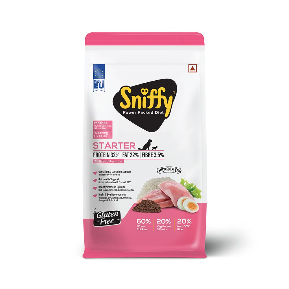 Sniffy Starter Dry Dog Food | Pregnant Mother & Weaning Puppy | Real Chicken & Egg, Power Packed High Protein Diet for All Breeds