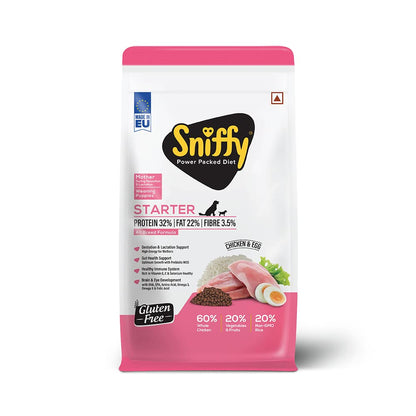 Sniffy Starter Dry Dog Food | Pregnant Mother & Weaning Puppy | Real Chicken & Egg, Power Packed High Protein Diet for All Breeds