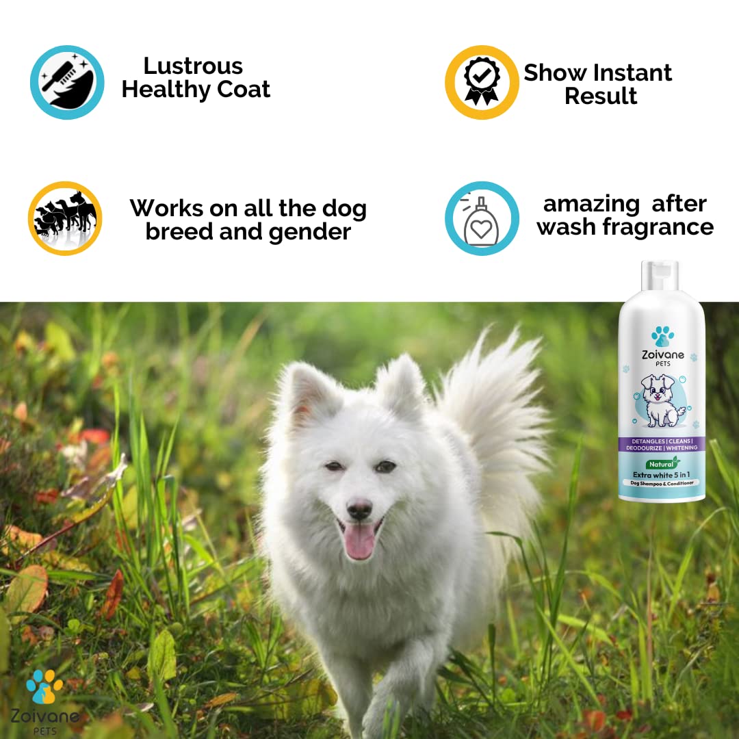 ZOIVANE Dog Shampoo - 300 Milliliter | Extra White 5 In 1 Dog Shampoo & Conditioner For Whitening, Glowing| Dog Shampoo German Shepherd, Labrador & Golden Retriever