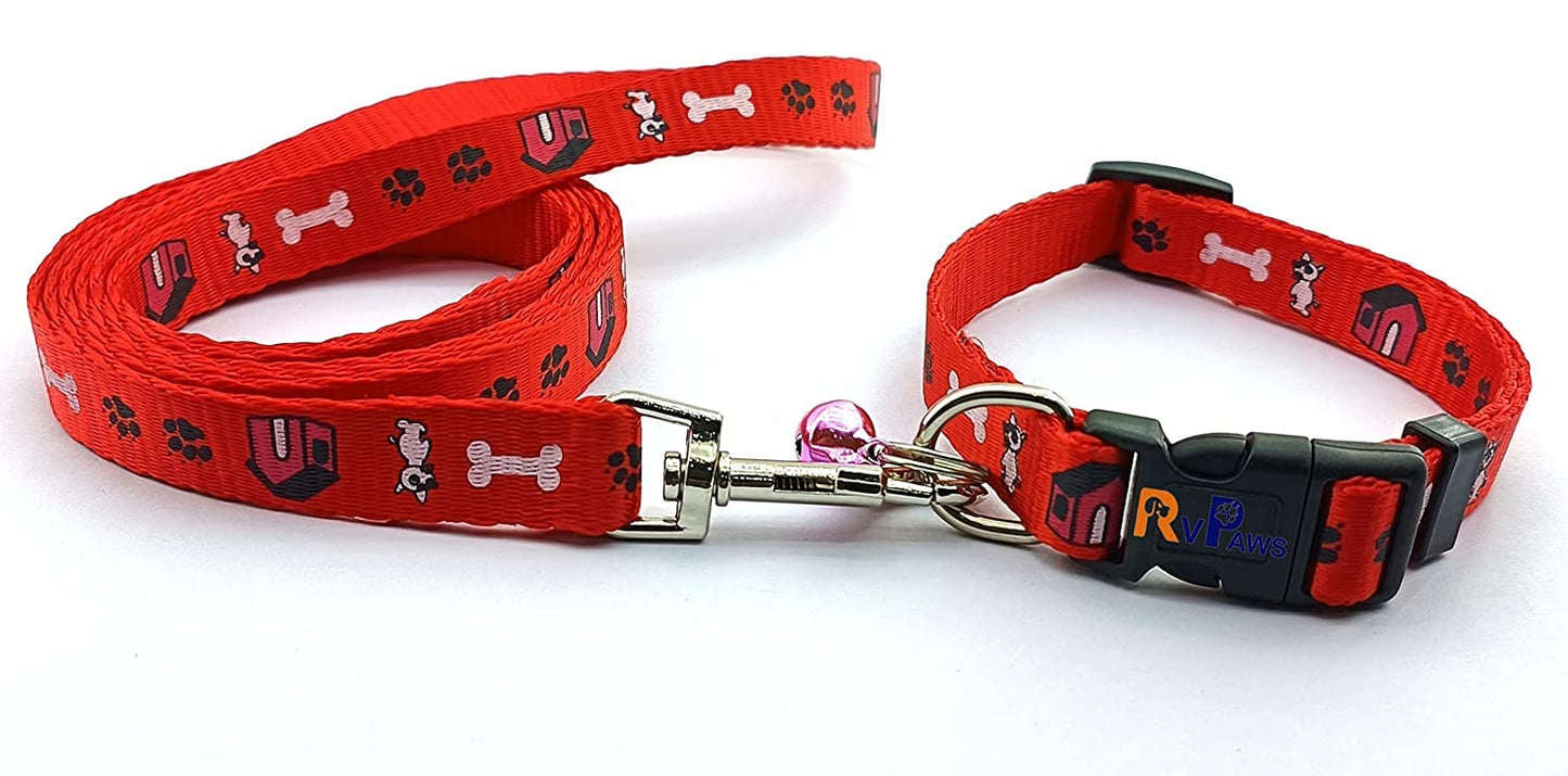 Dog Belt and Leash Set Puppy Printed, Adjustable Nylon Collar with Leash for Small and Medium Dogs, Quick Release and Breathable Collar Set for Puppies, Small Dog & Cat