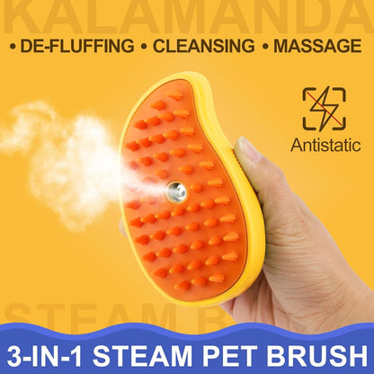 Brush 3 in 1, Silicone Massage Grooming Brush Cleanser, Pet Hair Cleaning Brush Comb for Cats and Dogs, Steamy Pet Brush, Cat Grooming Tool, Dog Fur Remover, Pet Care Brush (Mango yellow)