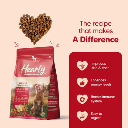 Hearty by HUFT Adult Dry Dog Food | Oven-Baked Chicken & Duck with Brown Rice  All Breeds | Complete & Balanced Food for Adult Dogs | No Corn, Soy, GMO or Added Flavours
