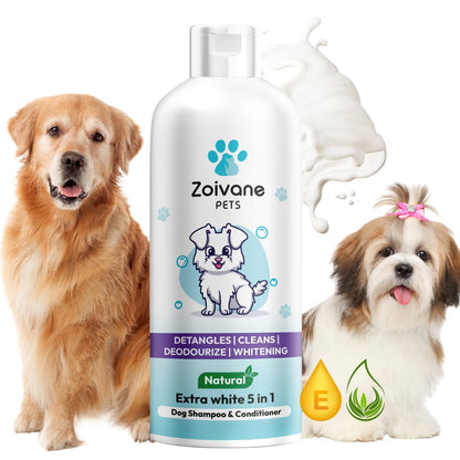 ZOIVANE Dog Shampoo - 300 Milliliter | Extra White 5 In 1 Dog Shampoo & Conditioner For Whitening, Glowing| Dog Shampoo German Shepherd, Labrador & Golden Retriever