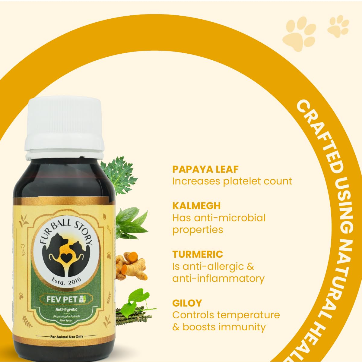 FUR BALL STORY Fev Pet 60ml | Ayurvedic Fever Relief Syrup for Dogs & Cats| Reduces Fever, Cough, Cold, Body Pain | Controls Viral Infections | Immunity Booster