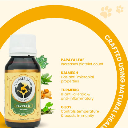 FUR BALL STORY Fev Pet 60ml | Ayurvedic Fever Relief Syrup for Dogs & Cats| Reduces Fever, Cough, Cold, Body Pain | Controls Viral Infections | Immunity Booster