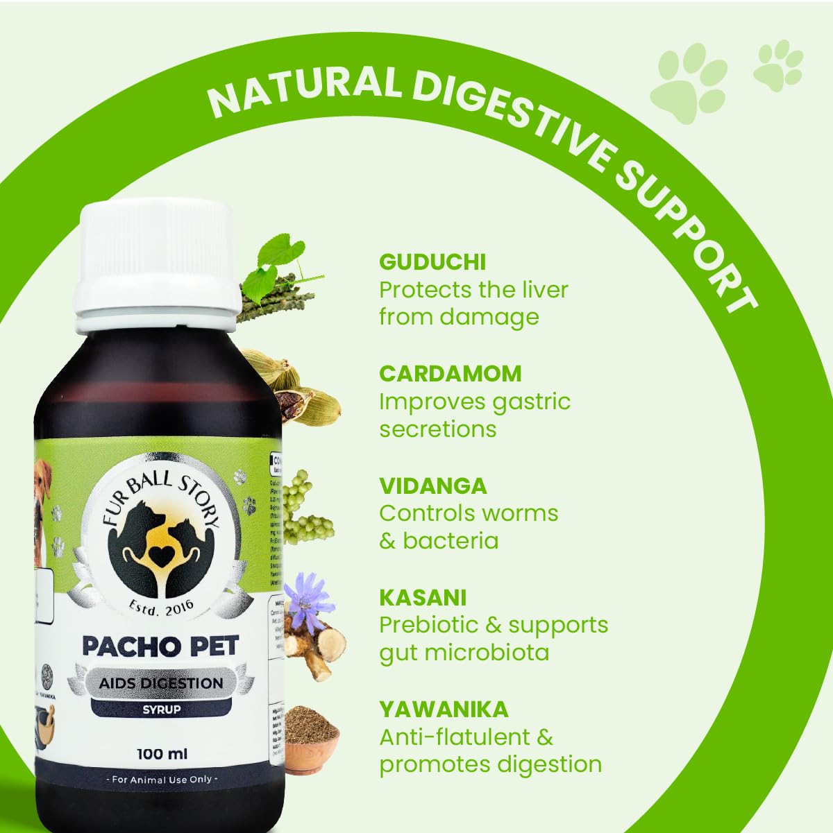 FUR BALL STORY Pacho Pet Digestive Syrup for Dogs & Cats  | Ayurvedic Pet Digestive Medicine | Relieves Indigestion, Promotes Gut Health