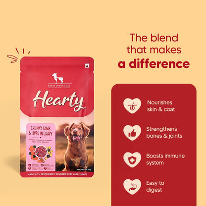 Hearty by Heads Up For Tails - Chunky Lamb & Liver in Gravy Dog Wet Food | Grain-Free, Protein-Rich and Easy to Digest | Made with Real Lamb | Wet Dog Food Suitable for All Breeds - 70 gm