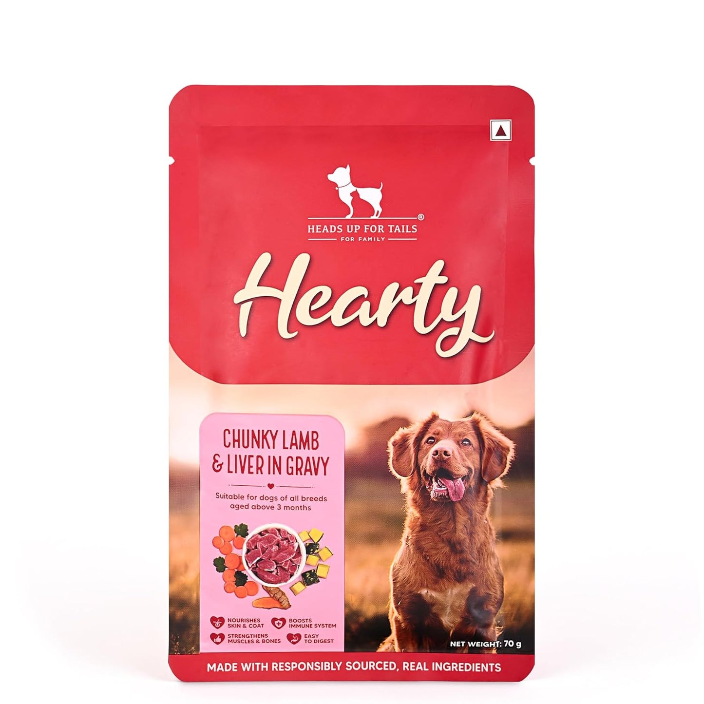 Hearty by Heads Up For Tails - Chunky Lamb & Liver in Gravy Dog Wet Food | Grain-Free, Protein-Rich and Easy to Digest | Made with Real Lamb | Wet Dog Food Suitable for All Breeds - 70 gm