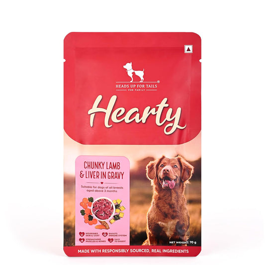 Hearty by Heads Up For Tails - Chunky Lamb & Liver in Gravy Dog Wet Food | Grain-Free, Protein-Rich and Easy to Digest | Made with Real Lamb | Wet Dog Food Suitable for All Breeds - 70 gm