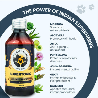 FUR BALL STORY Supertonic Pet Supplement 200ml | Ayurvedic Tonic for Dogs & Cats | Head to Tail Wellness | Boosts Immunity, Supports Kidney, Liver, Gut, Brain & Organ Functions | Vet Recommended