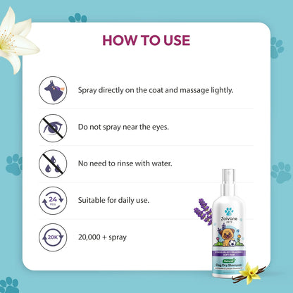 ZOIVANE Dog Dry Shampoo - 200ml | Dog-Vanilla and Lavender Dog Shampoo for Labrador, German Shepherd, Golden Retriever | Maintains Overall Skin Health, Nourishing Hair and Shiny Body