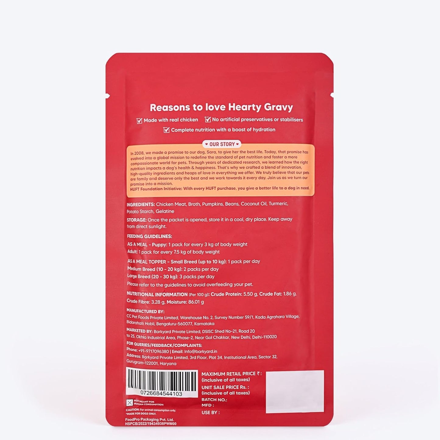 Hearty by Heads Up For Tails - Shredded Chicken & Pumpkin in Gravy Dog Wet Food | Real Chicken and Veggies | No Artificial Preservatives | Wet Dog Food Suitable for All Breeds