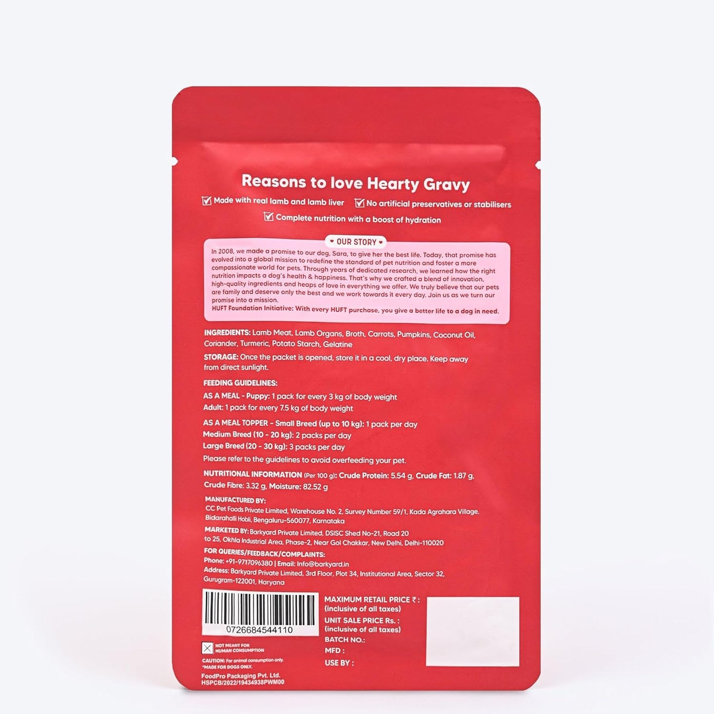 Hearty by Heads Up For Tails - Chunky Lamb & Liver in Gravy Dog Wet Food | Grain-Free, Protein-Rich and Easy to Digest | Made with Real Lamb | Wet Dog Food Suitable for All Breeds - 70 gm
