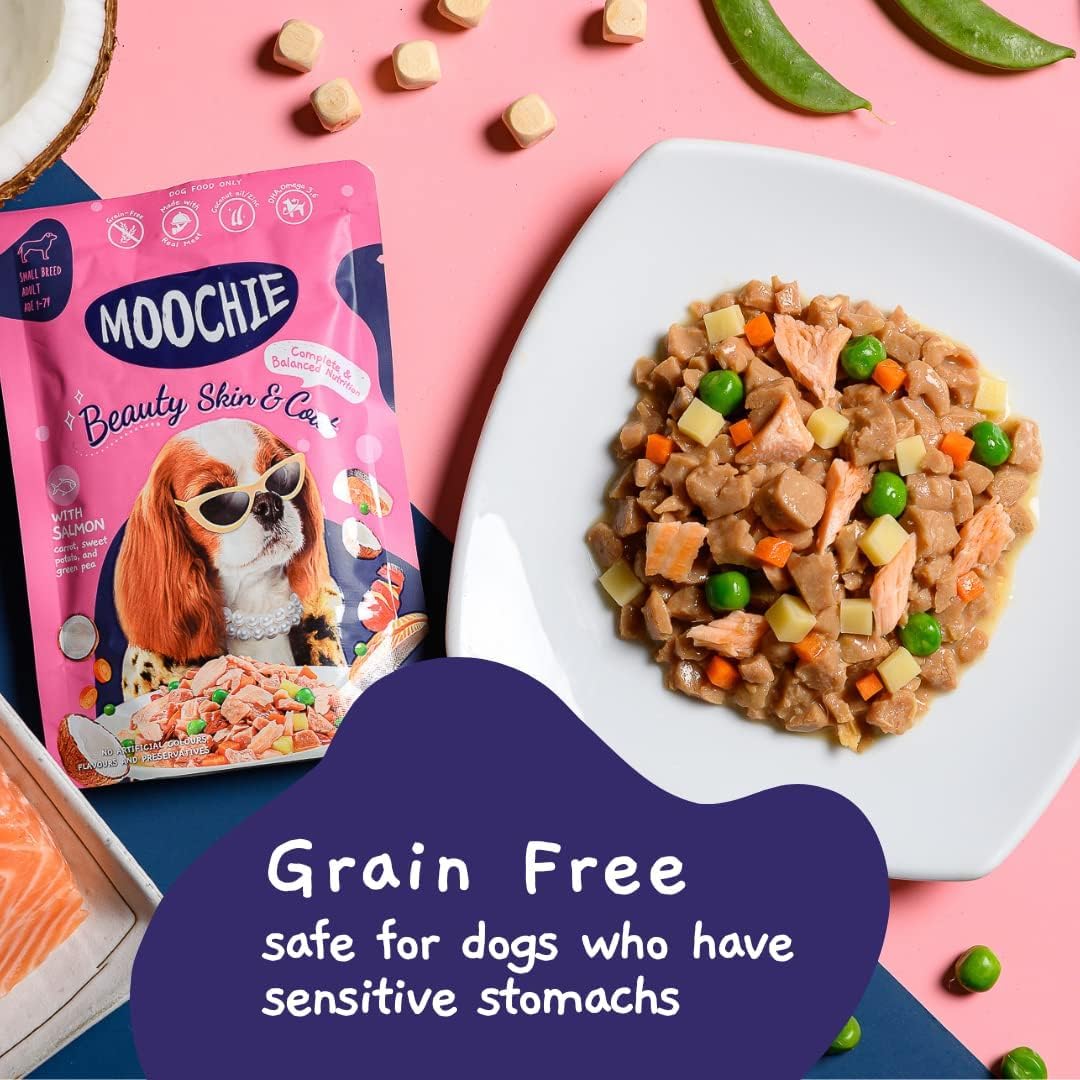 Moochie Wet Dog Food, Grain Free Gavy Meal, Beauty Skin & Coat with Salmon, Carrot, Sweet Potato and Green Peas, High Protein Dogs Gravy Foods