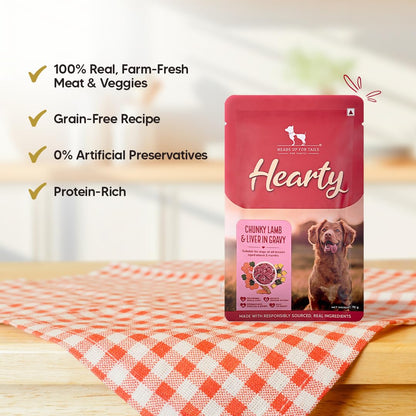 Hearty by Heads Up For Tails - Chunky Lamb & Liver in Gravy Dog Wet Food | Grain-Free, Protein-Rich and Easy to Digest | Made with Real Lamb | Wet Dog Food Suitable for All Breeds - 70 gm