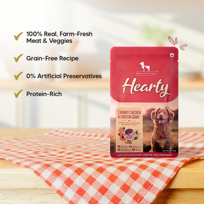 Hearty by Heads Up For Tails - Chunky Chicken & Liver in Gravy Dog Wet Food | Grain-Free, Protein-Rich & Easy to Digest | Made with Real Lamb | Wet Dog Food Suitable for All Breeds