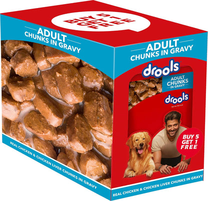 Drools  Wet Dog Food Real Chicken and Chicken Liver Chunks Gravy 0.9 Kg ..Pack of 6