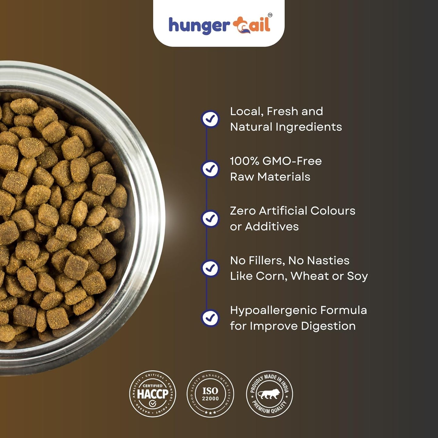 Hunger Tails Adult Achiever Chicken & Brown Rice 1 Year & Above Dry Dog Food Zero Fillers, Non GMO, Low Temperature Baked Made in India & for Indian Conditions Freshly Sourced Proteins