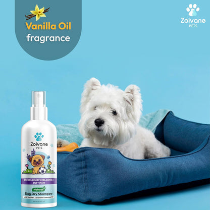 ZOIVANE Dog Dry Shampoo - 200ml | Dog-Vanilla and Lavender Dog Shampoo for Labrador, German Shepherd, Golden Retriever | Maintains Overall Skin Health, Nourishing Hair and Shiny Body