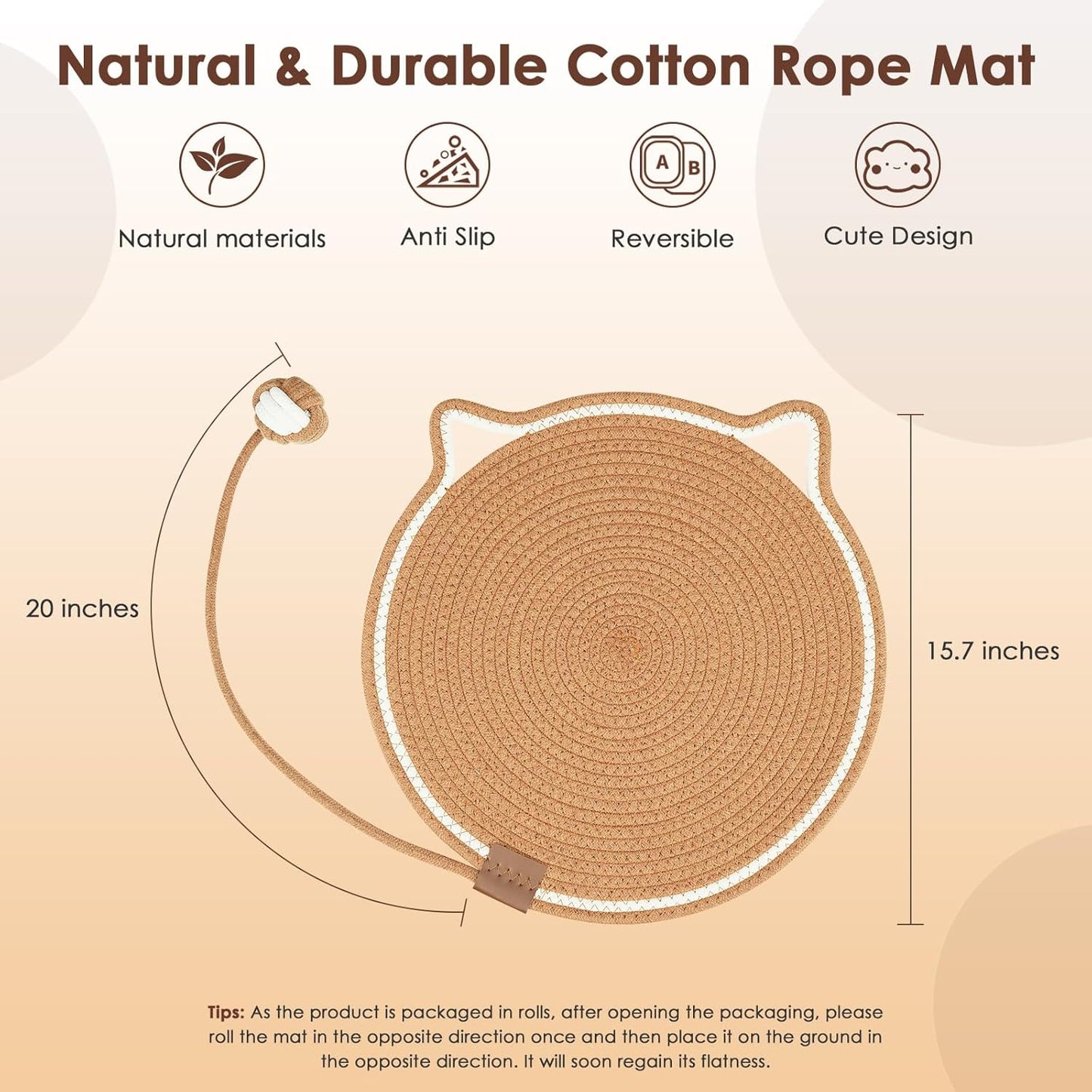 Cotton Rope Scratch Pad, 15.7'' Round Horizontal Floor Scratching Mat for Indoor Cats, Furniture Protector for Wall, Couch, Carpets, Sofas