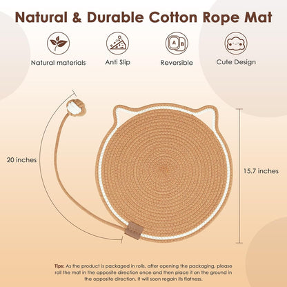 Cotton Rope Scratch Pad, 15.7'' Round Horizontal Floor Scratching Mat for Indoor Cats, Furniture Protector for Wall, Couch, Carpets, Sofas