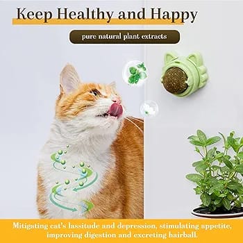 Catnip Toys, Teeth Cleaning Cat Toy, Rotatable Edible Catnip Balls for Cats Wall, Self-Adhesive Cat Toys, Safe Healthy Kitten Chew Toy
