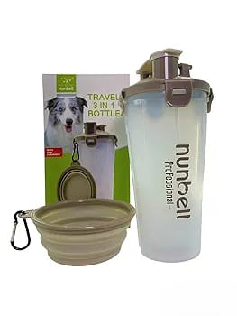3 in 1 Portable Dog Water and Food Bottle with 1 Collapsible Pop-up Bowls, Leakproof Bottle with 2 Compartments for Travel, Camping, Hiking